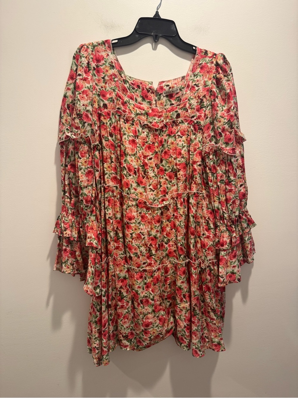 Moon River Floral Ruffle Tiered Pink and Green Dress